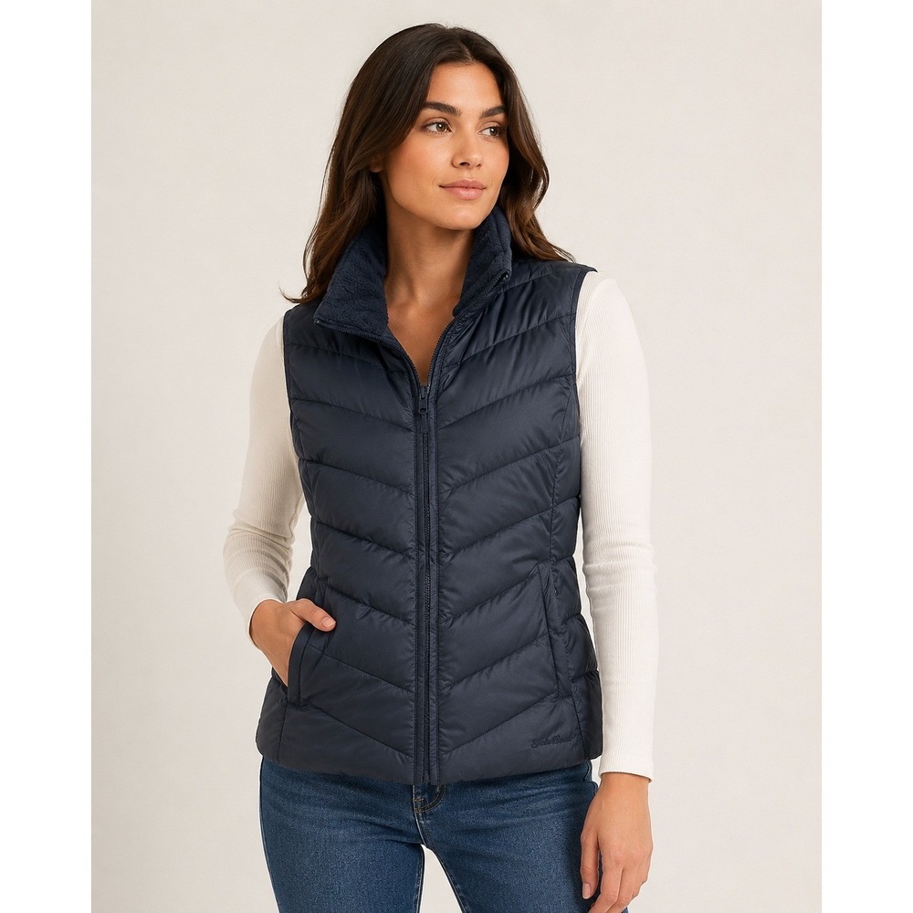 Eddie Bauer Womens 550 Down Puffer Vest Black Quilted Zip S goose Outdoor layer